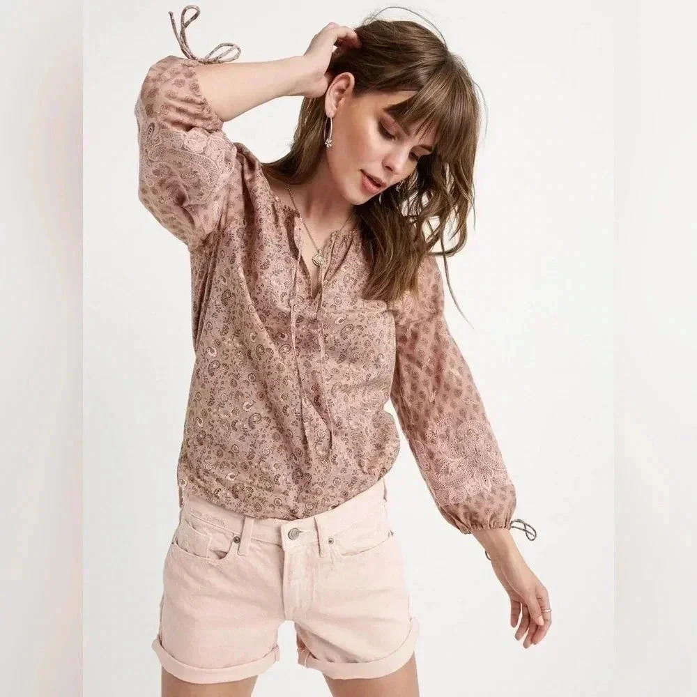 Lucky Brand Paisley Printed Vivienne Long Sleeve V-neck Boho Top Size Medium